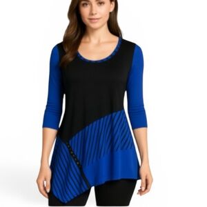 Vintage Inside Out Asymmetrical Scooped Neck Blue Black Tunic Top 3/4 Sleeve XL